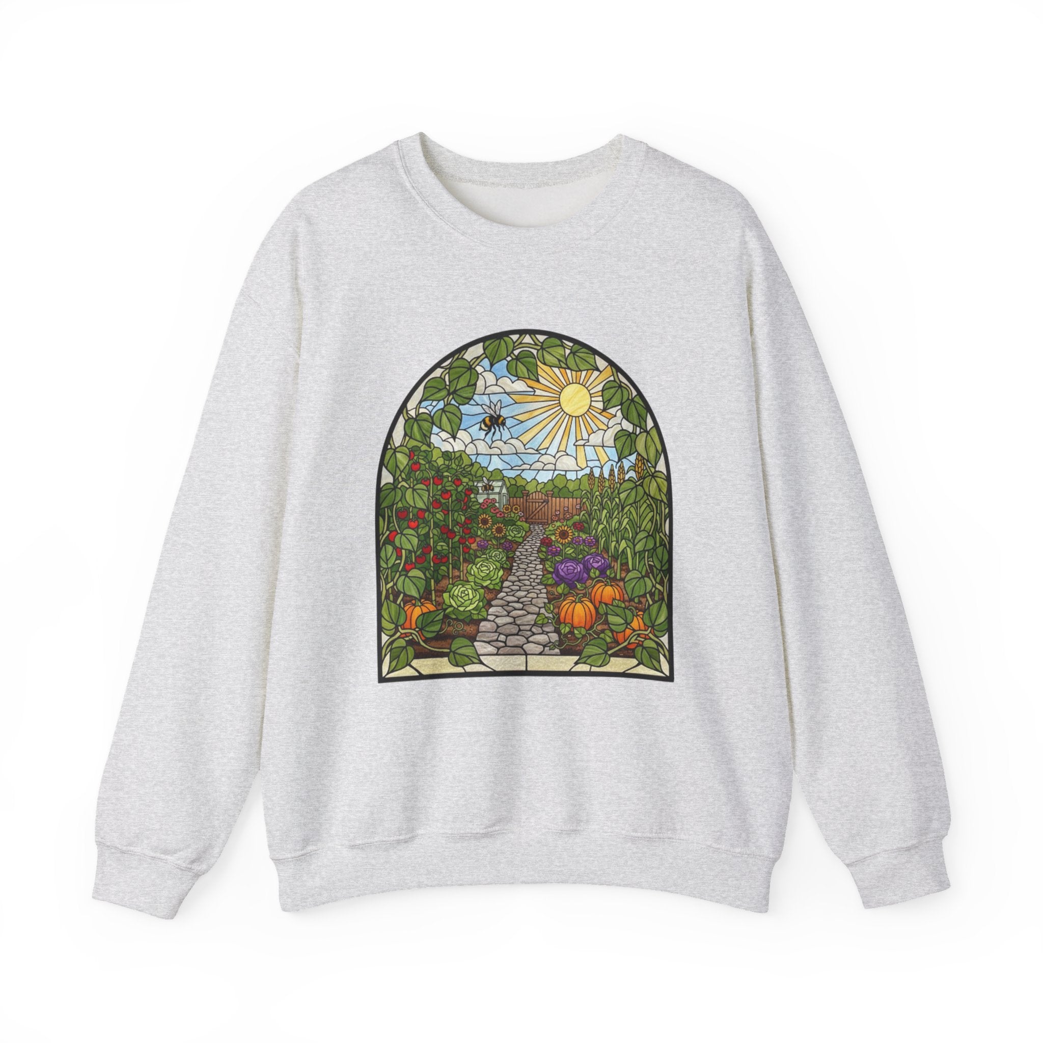 Garden Path Crewneck Sweatshirt | Stained-Glass Veggie Garden View Pullover