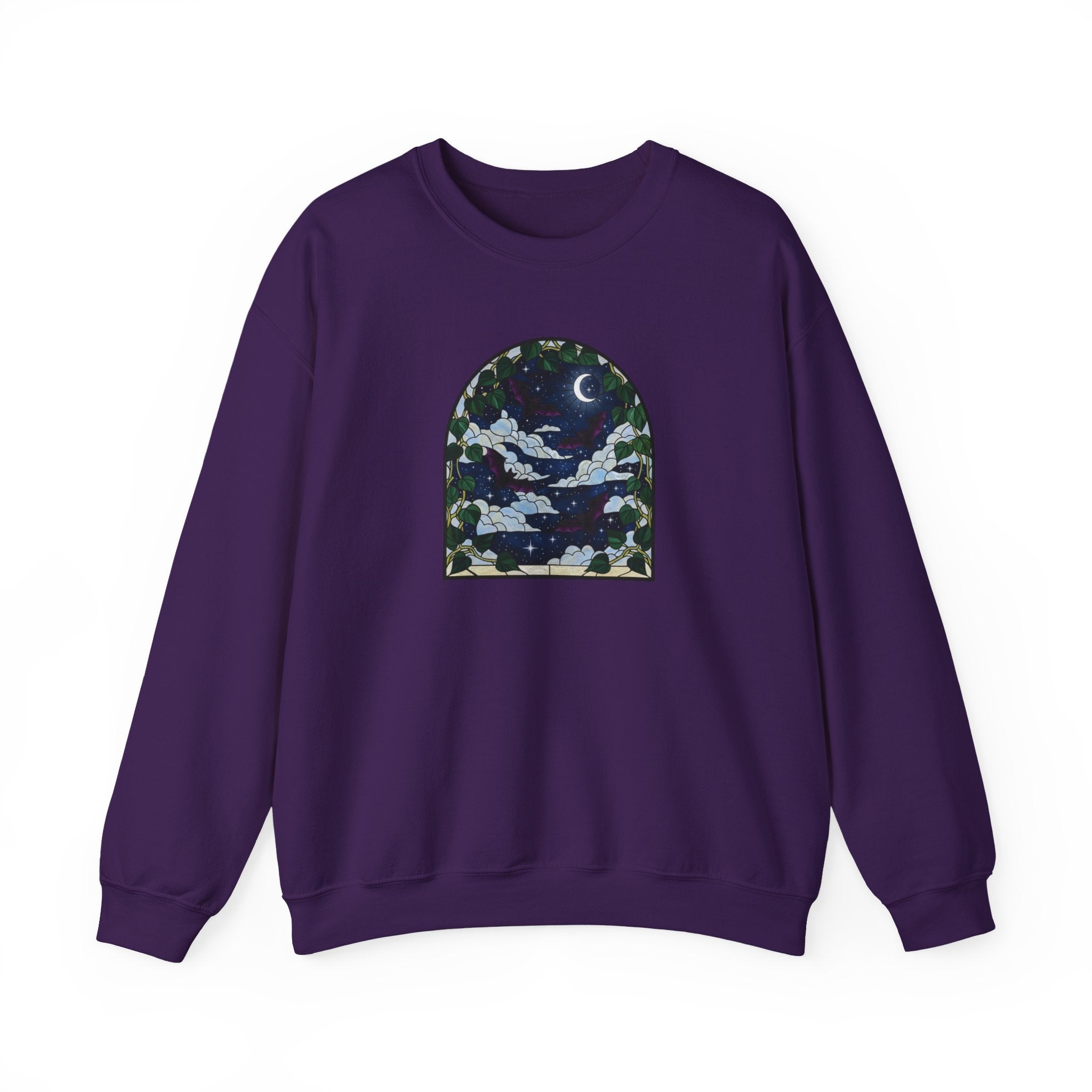 Moonlit Stained Glass Bats & Pothos Crewneck Sweatshirt