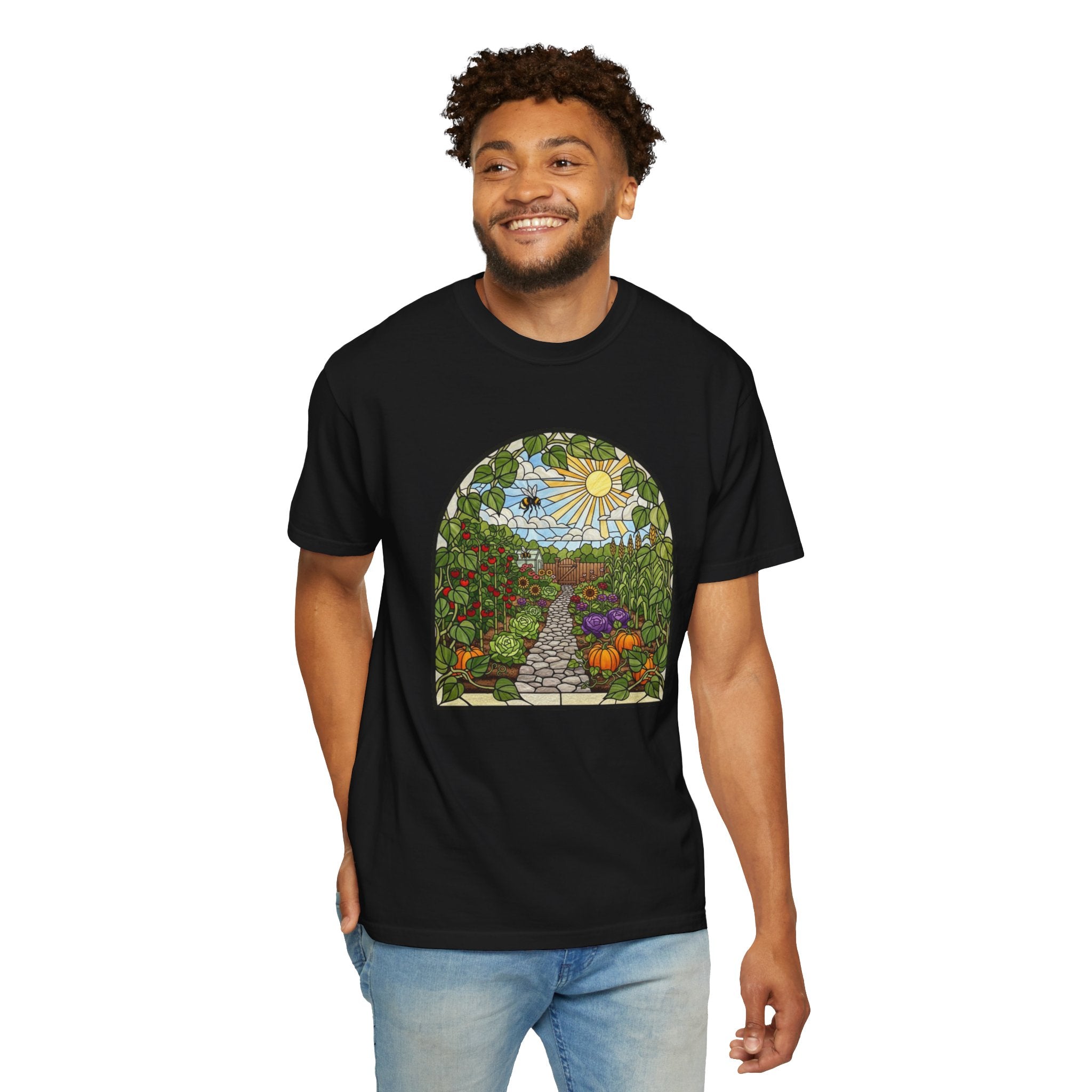 Garden Path T-Shirt — Stained Glass Sunflower & Vegetable Patch Design