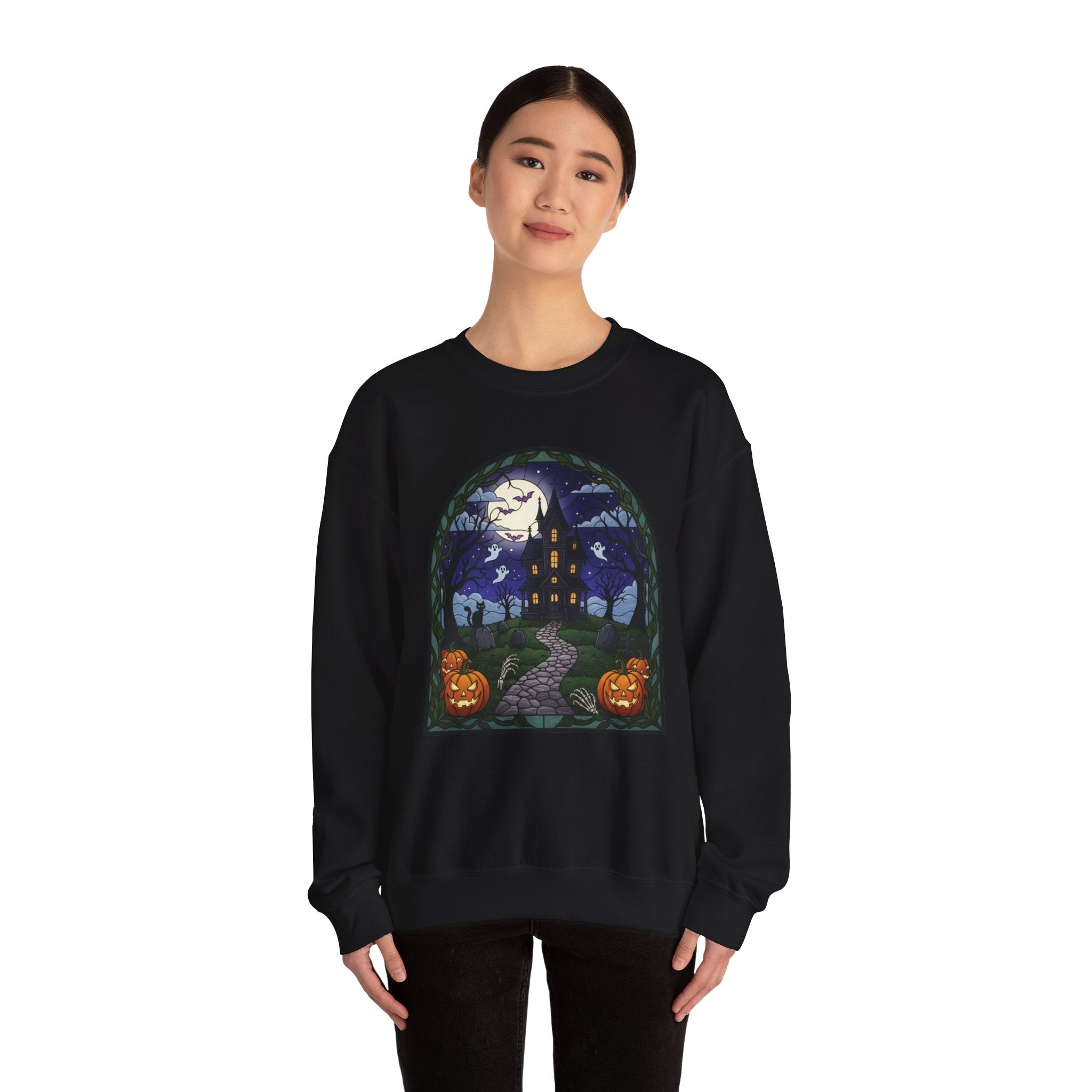 Haunted House Halloween Sweatshirt | Moonlit Spooky Crewneck