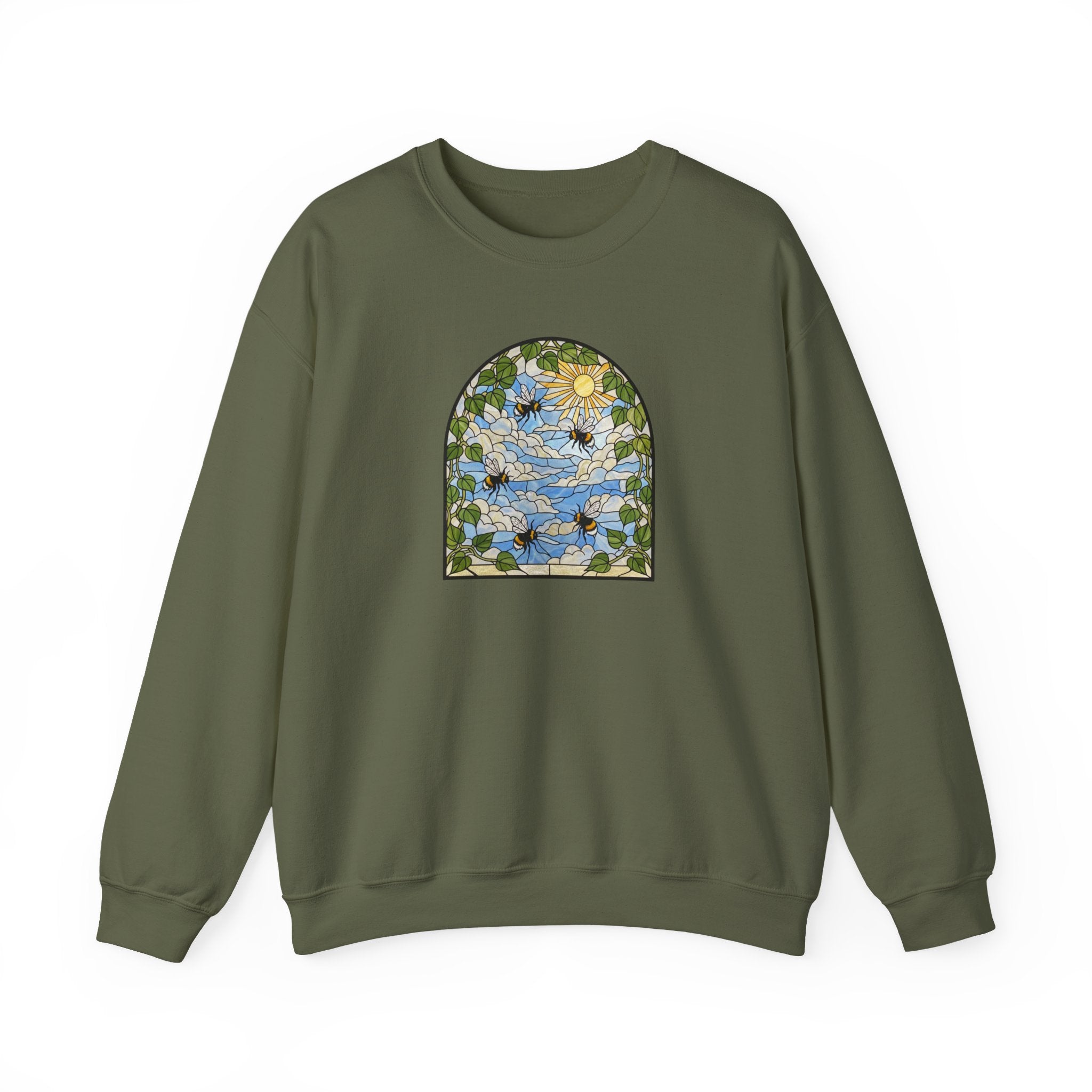 Stained Glass Bumblebee Crewneck Sweatshirt | Arched Vintage Window Pullover