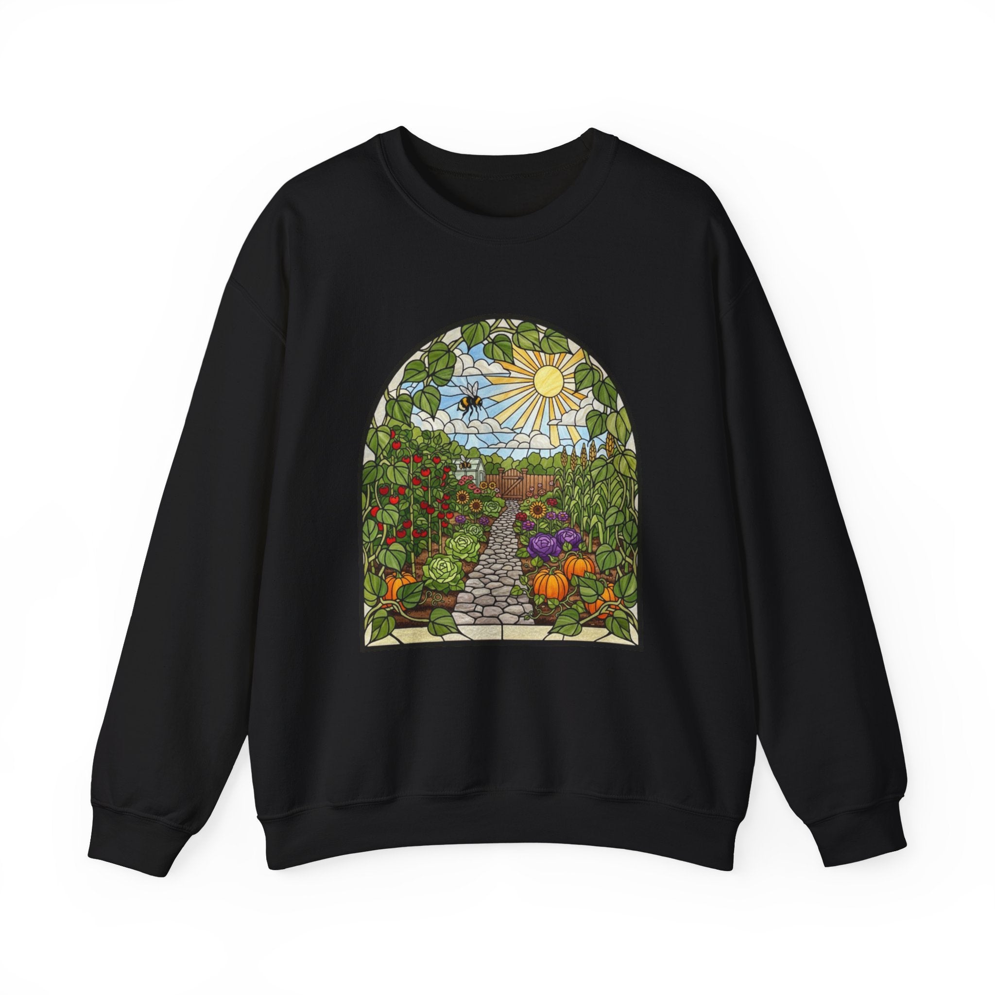 Garden Path Crewneck Sweatshirt | Stained-Glass Veggie Garden View Pullover