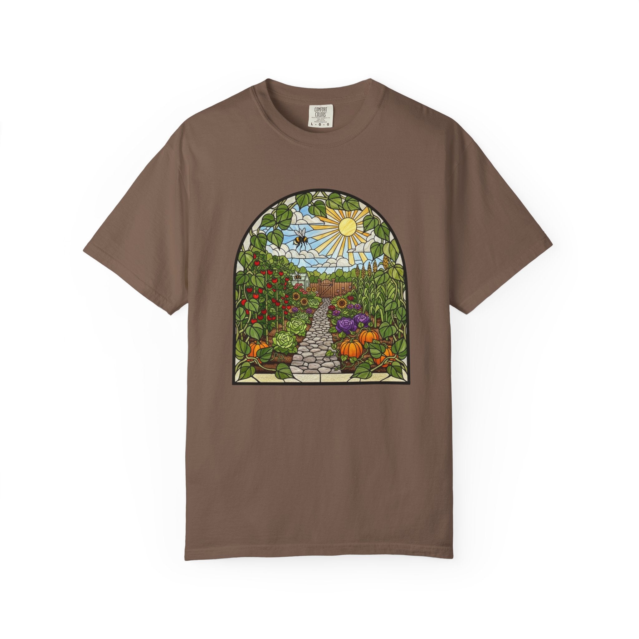 Garden Path T-Shirt — Stained Glass Sunflower & Vegetable Patch Design