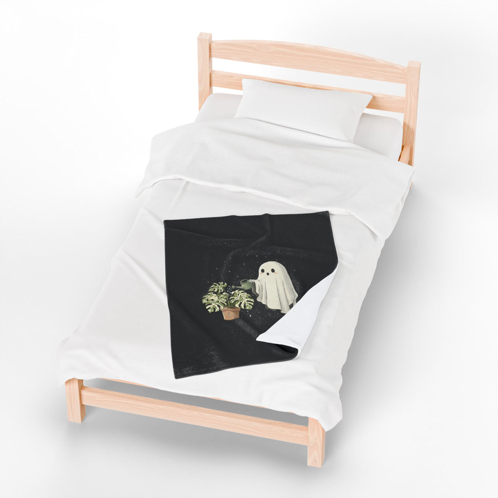 Ghostly Plant Care Velveteen Plush Blanket | Cute Halloween Throw for Plant Lovers