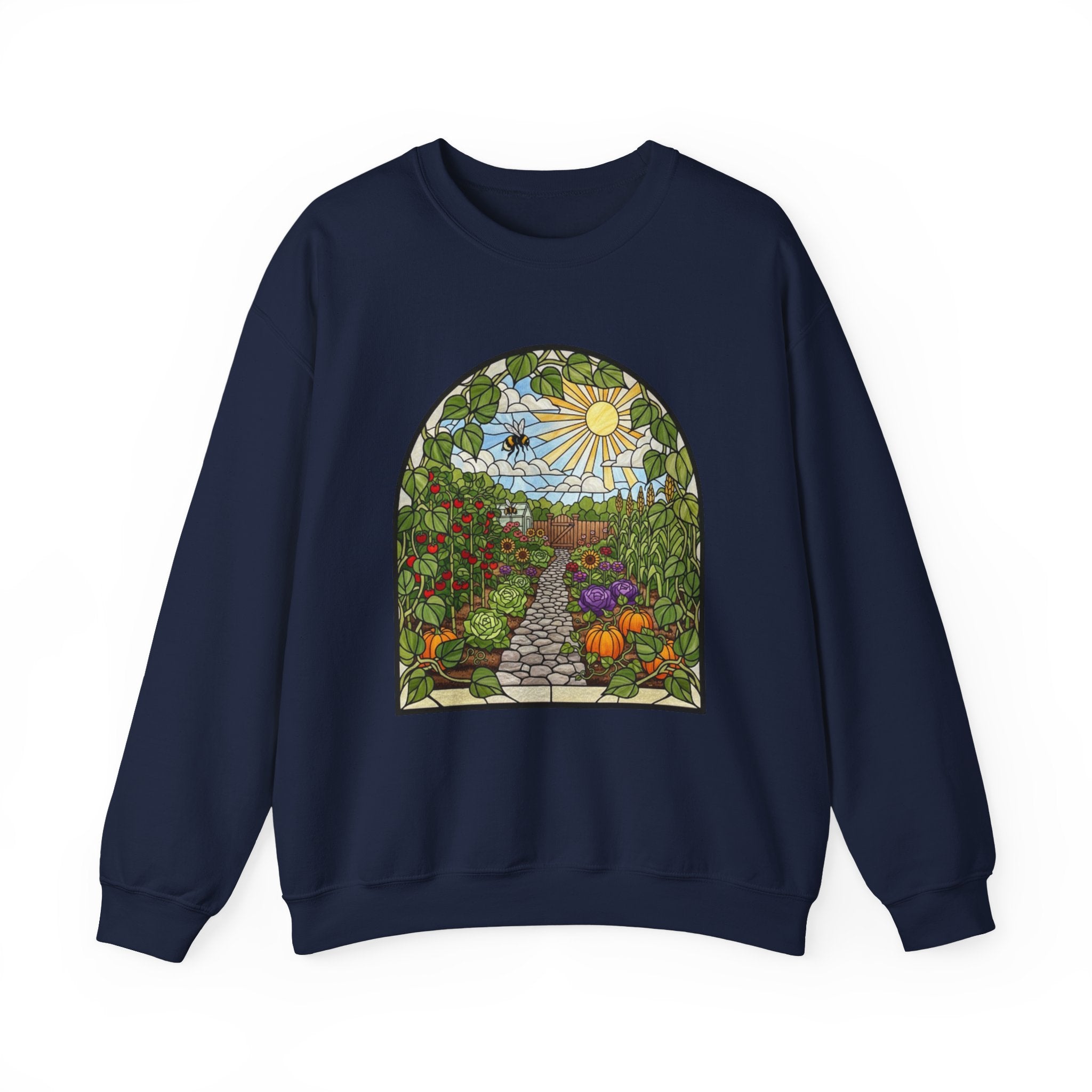 Garden Path Crewneck Sweatshirt | Stained-Glass Veggie Garden View Pullover