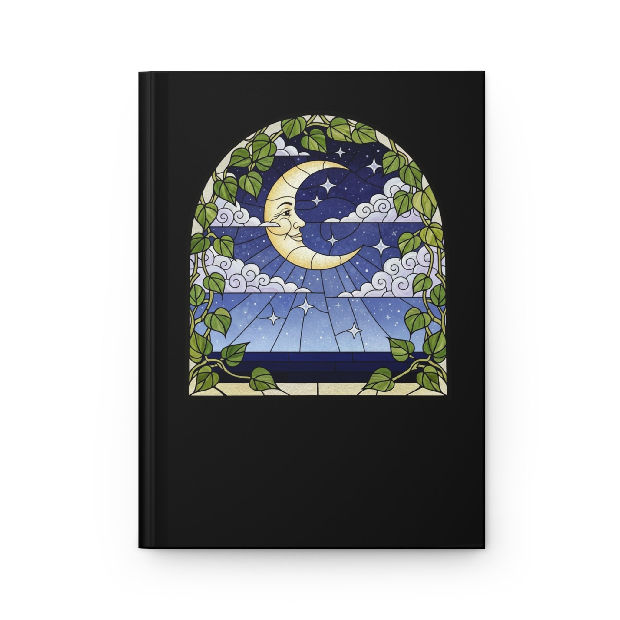 Moonlit Window Hardcover Journal | Stained Glass Crescent Moon Notebook