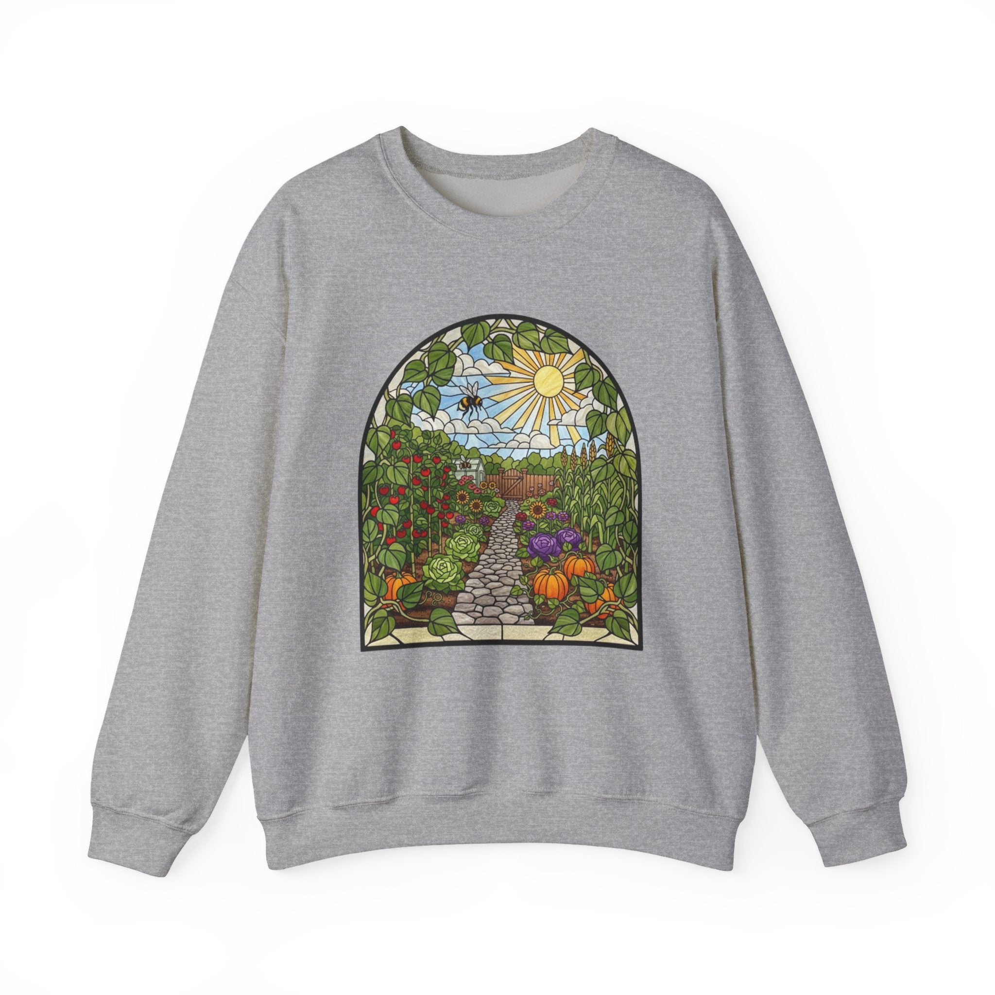 Garden Path Crewneck Sweatshirt | Stained-Glass Veggie Garden View Pullover