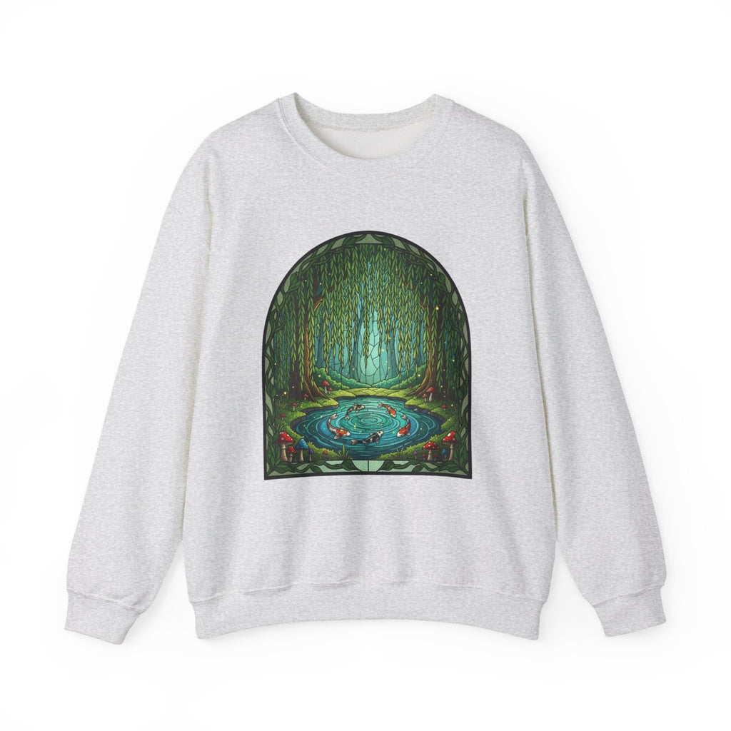 Whimsical Willow Tree Koi Fish Pond Stained Glass Crewneck Sweatshirt