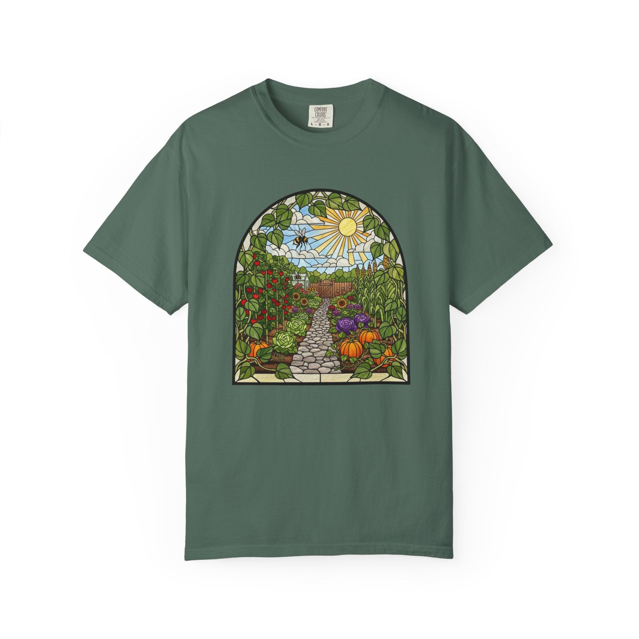 Garden Path T-Shirt — Stained Glass Sunflower & Vegetable Patch Design