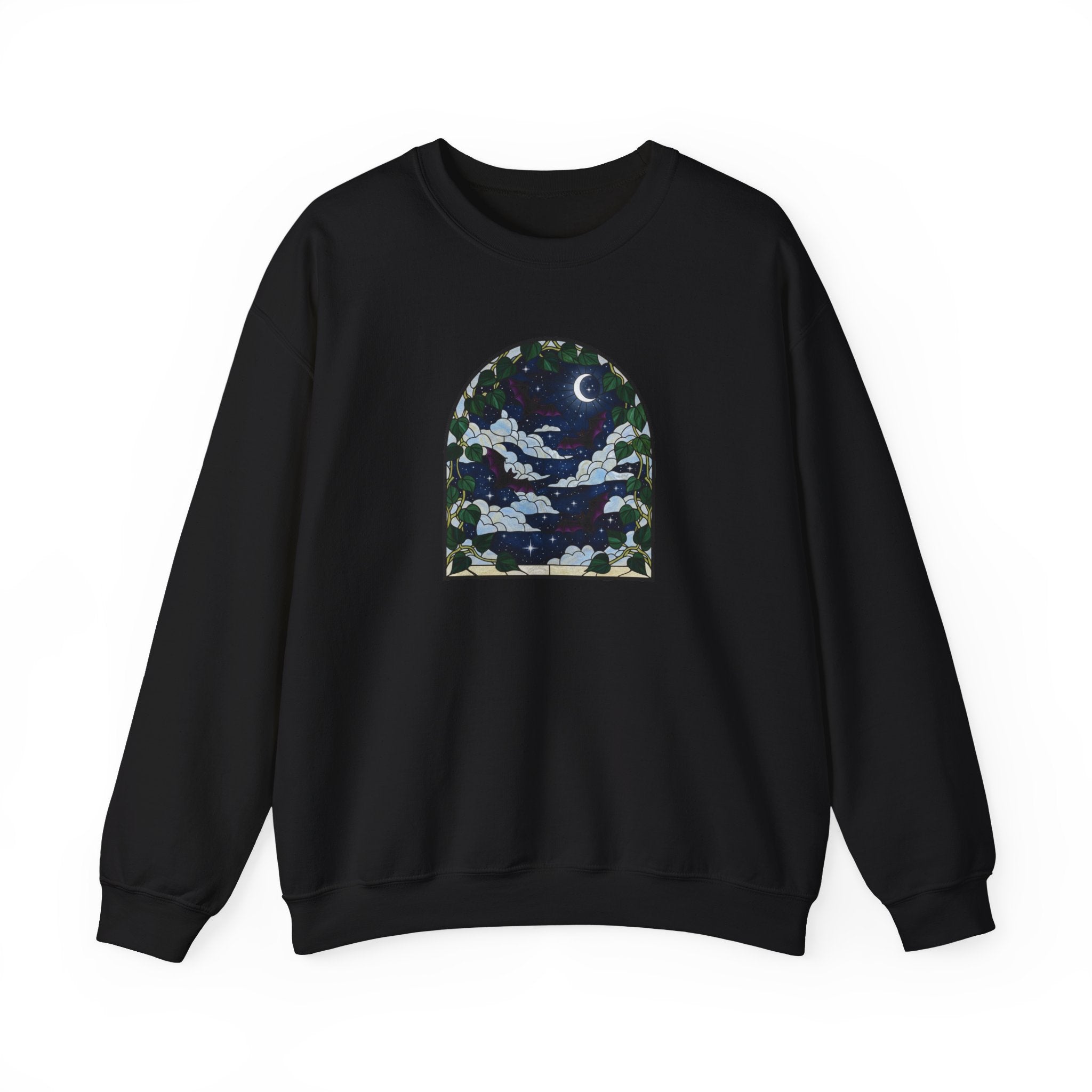 Moonlit Stained Glass Bats & Pothos Crewneck Sweatshirt