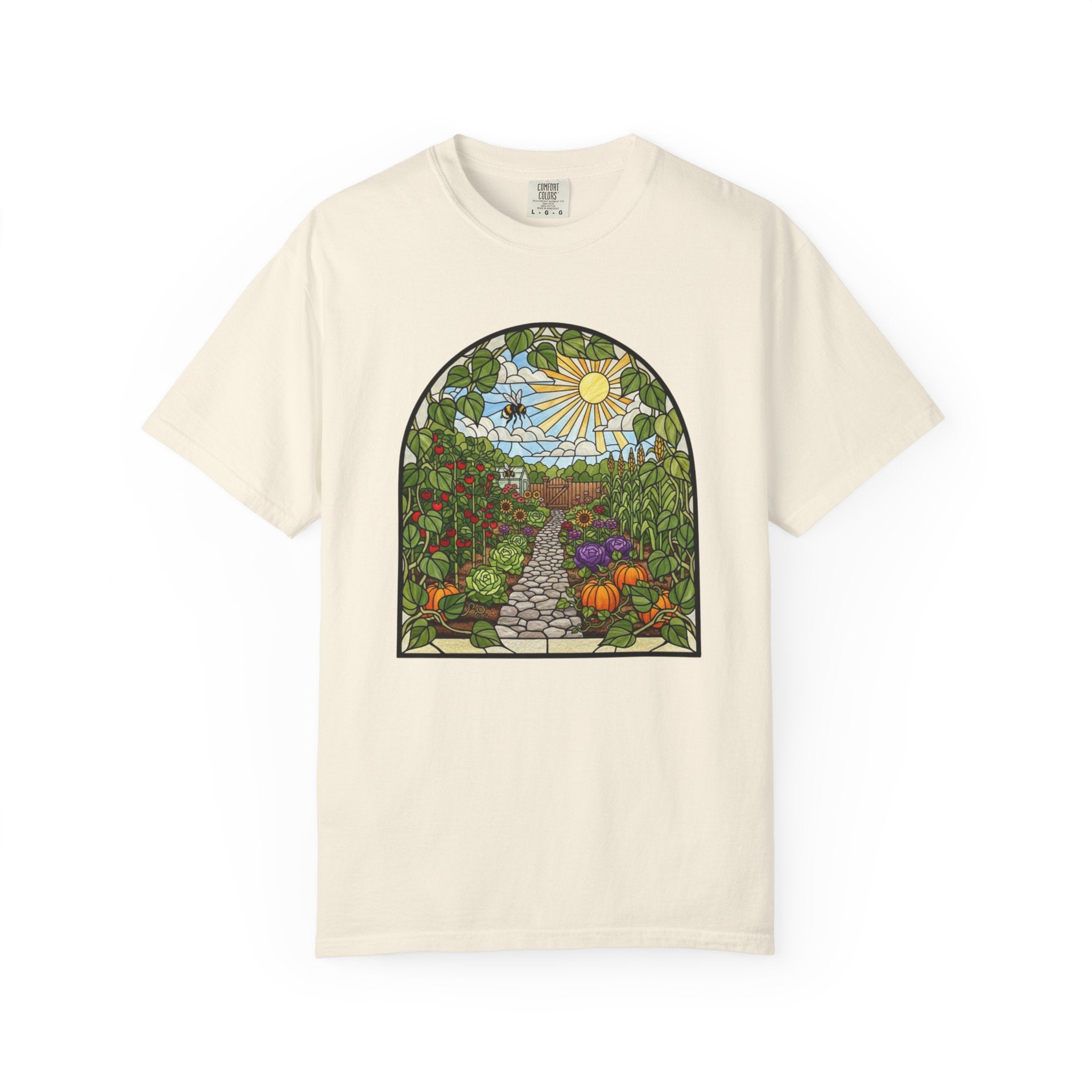Garden Path T-Shirt — Stained Glass Sunflower & Vegetable Patch Design