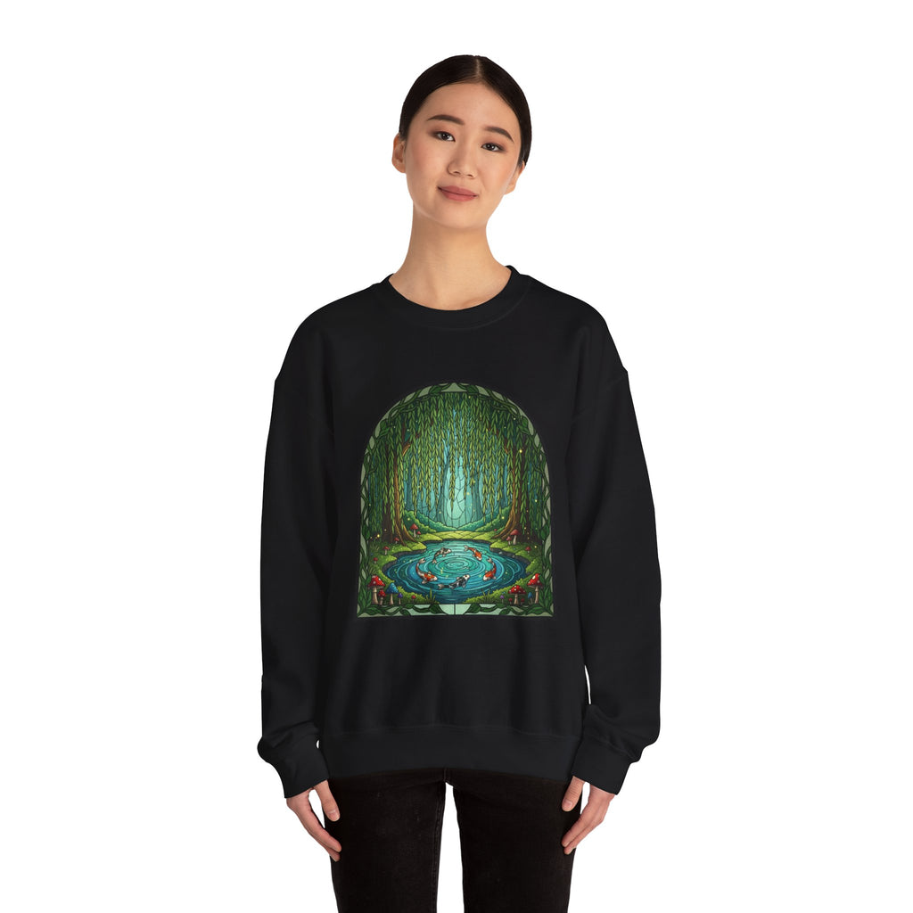 Whimsical Willow Tree Koi Fish Pond Stained Glass Crewneck Sweatshirt