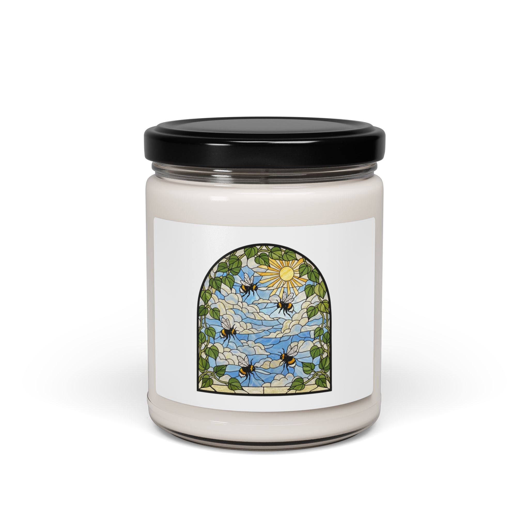 Bees & Pothos Stained Glass Art Scented Soy Candle | 9oz Floral Aromatherapy Jar