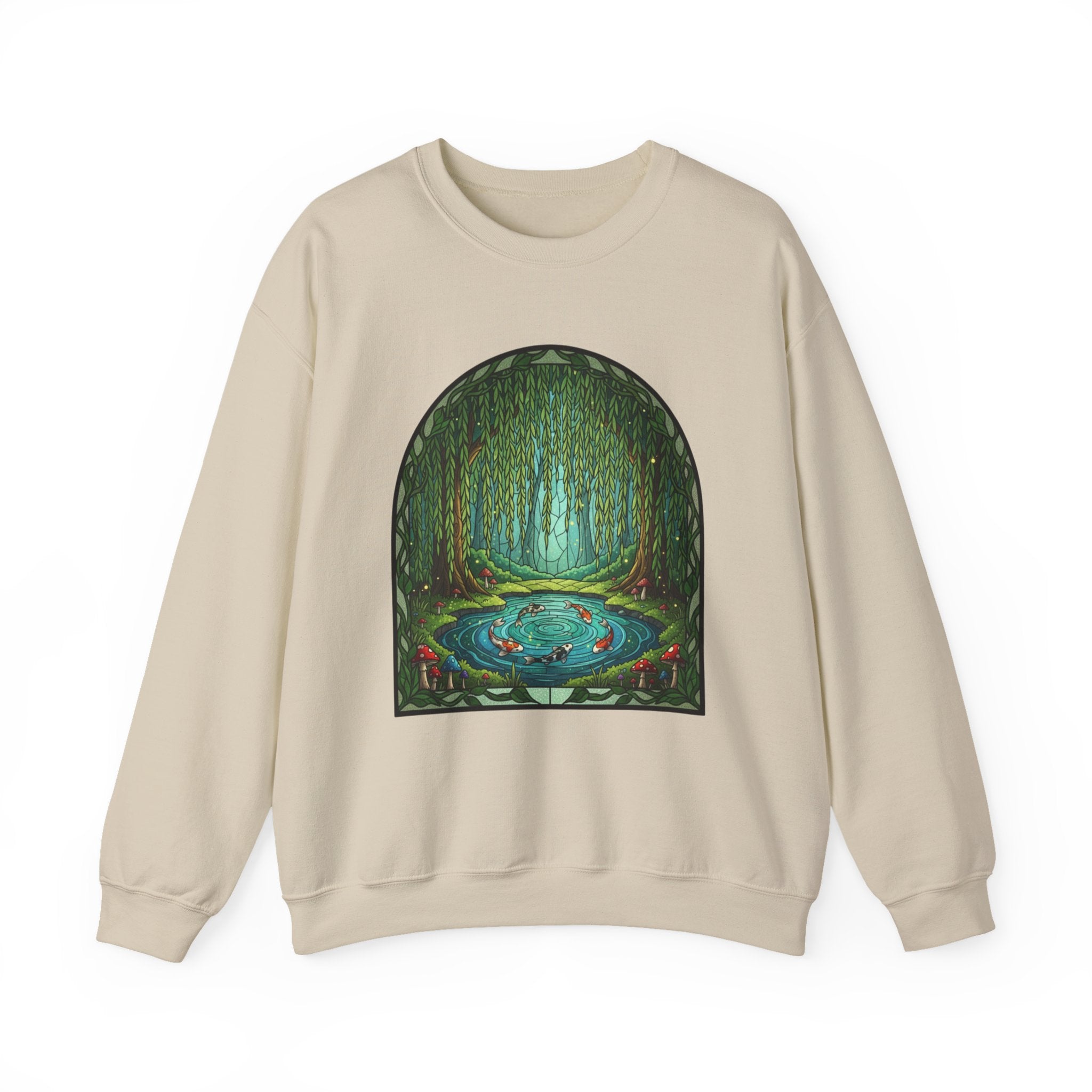 Whimsical Willow Tree Koi Fish Pond Stained Glass Crewneck Sweatshirt