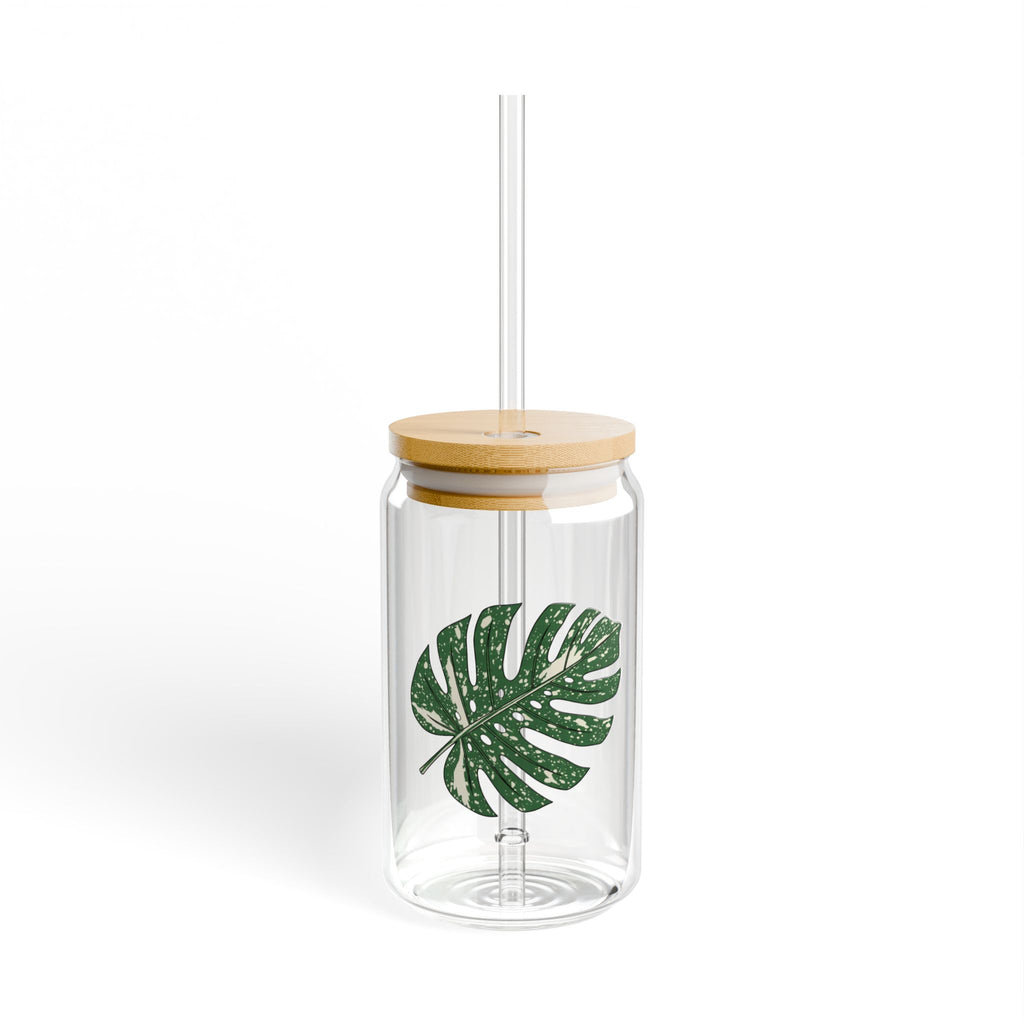 Monstera Thai Constellation Glass Sipper | 16oz Eco Bamboo Lid Tumbler with Plastic Straw